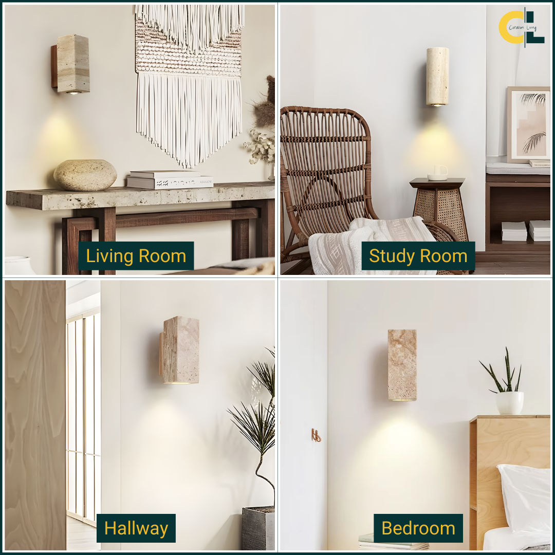 Thimber Japandi wall light in natural wood and metal with soft warm glow