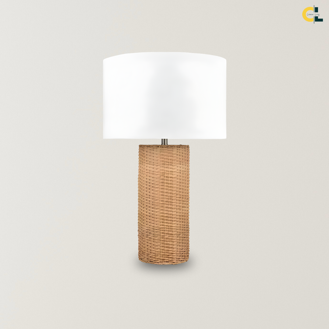 Alaric Retro Rattan Table Lamp with a woven bamboo wicker base, natural wood texture, and white fabric drum shade, designed as a warm bedside, console, or living room accent lamp.