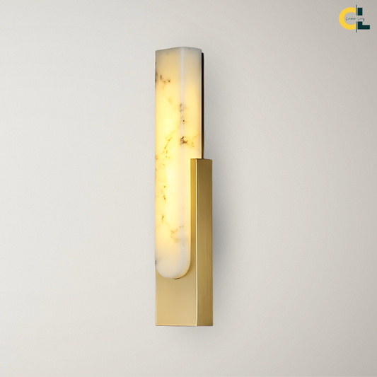 Eldoria Wall Light with a vertical alabaster marble tube, gold metal frame, and soft warm glow, designed for elegant living rooms, hallways, bedrooms, and upscale modern interiors.