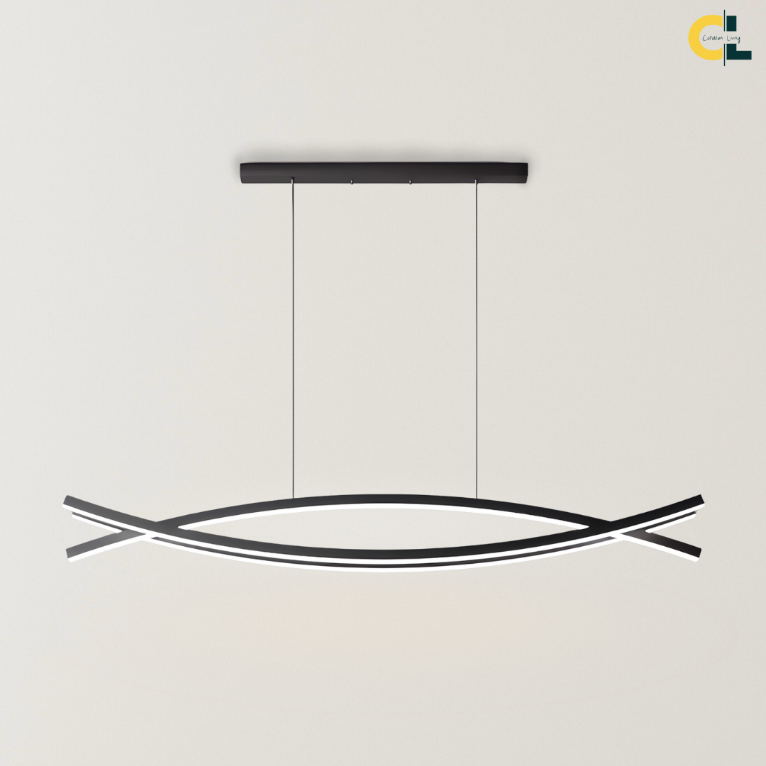 Elsie Chandelier with a sleek black curved LED frame, crossed linear ends, and soft integrated lighting suspended from a rectangular ceiling canopy against a neutral background.