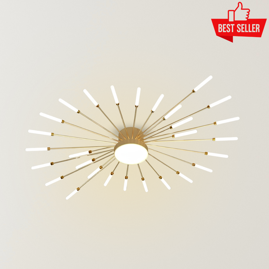 Flare LED Ceiling Light with a gold starburst frame, slim glowing acrylic rods, and a bright central diffuser, designed as a modern statement fixture for living rooms, bedrooms, and elegant interiors.