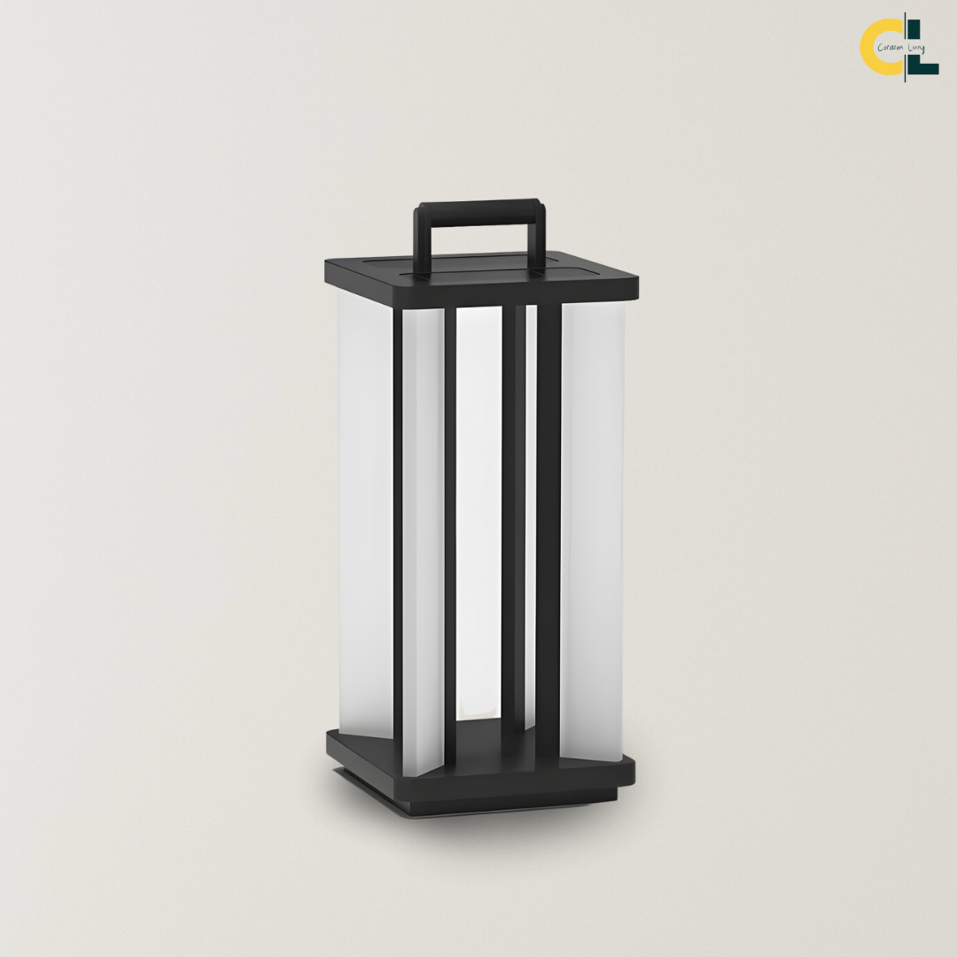 Huxley Outdoor Floor Lamp with a black modern lantern frame, white vertical LED diffusers, and carry handle, designed for patios, gardens, pathways, balconies, and outdoor lounges.