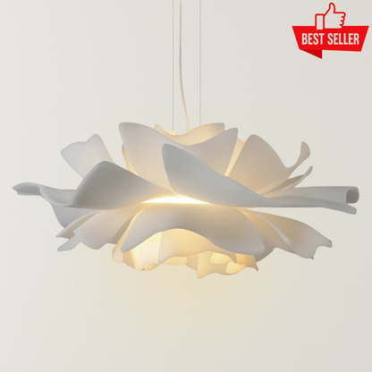 Jasmine pendant light with layered white acrylic flower petals, soft warm LED glow, and a delicate blooming silhouette for modern interiors.