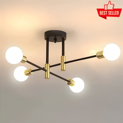 Lumee post modern chandelier with matte black intersecting rods, gold accents, and four glowing globe lights in a mid-century inspired ceiling design.