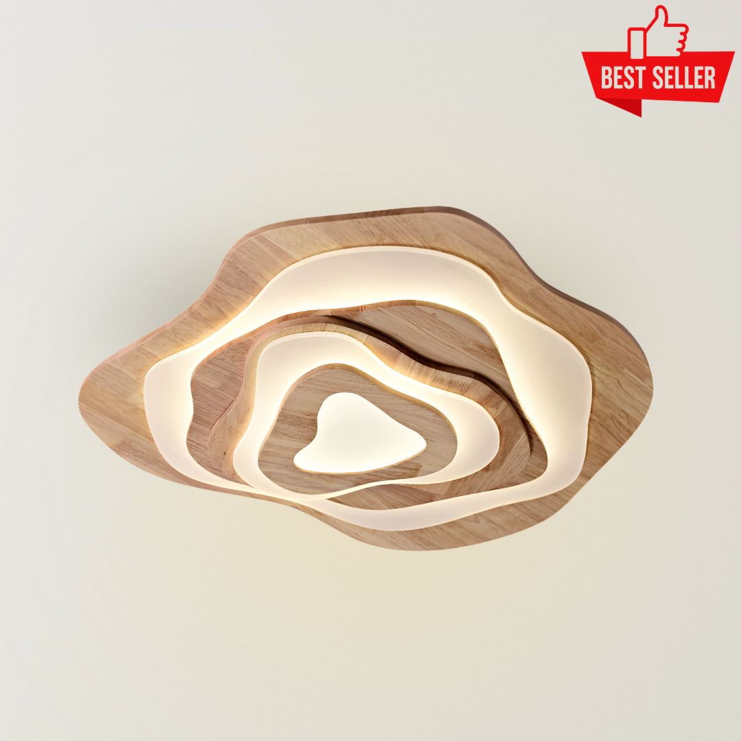 Oakmere Ceiling Light with a layered natural wood-style design and flowing integrated LED strips, designed as a modern organic ceiling fixture for living rooms, bedrooms, dining areas, and warm contemporary interiors.