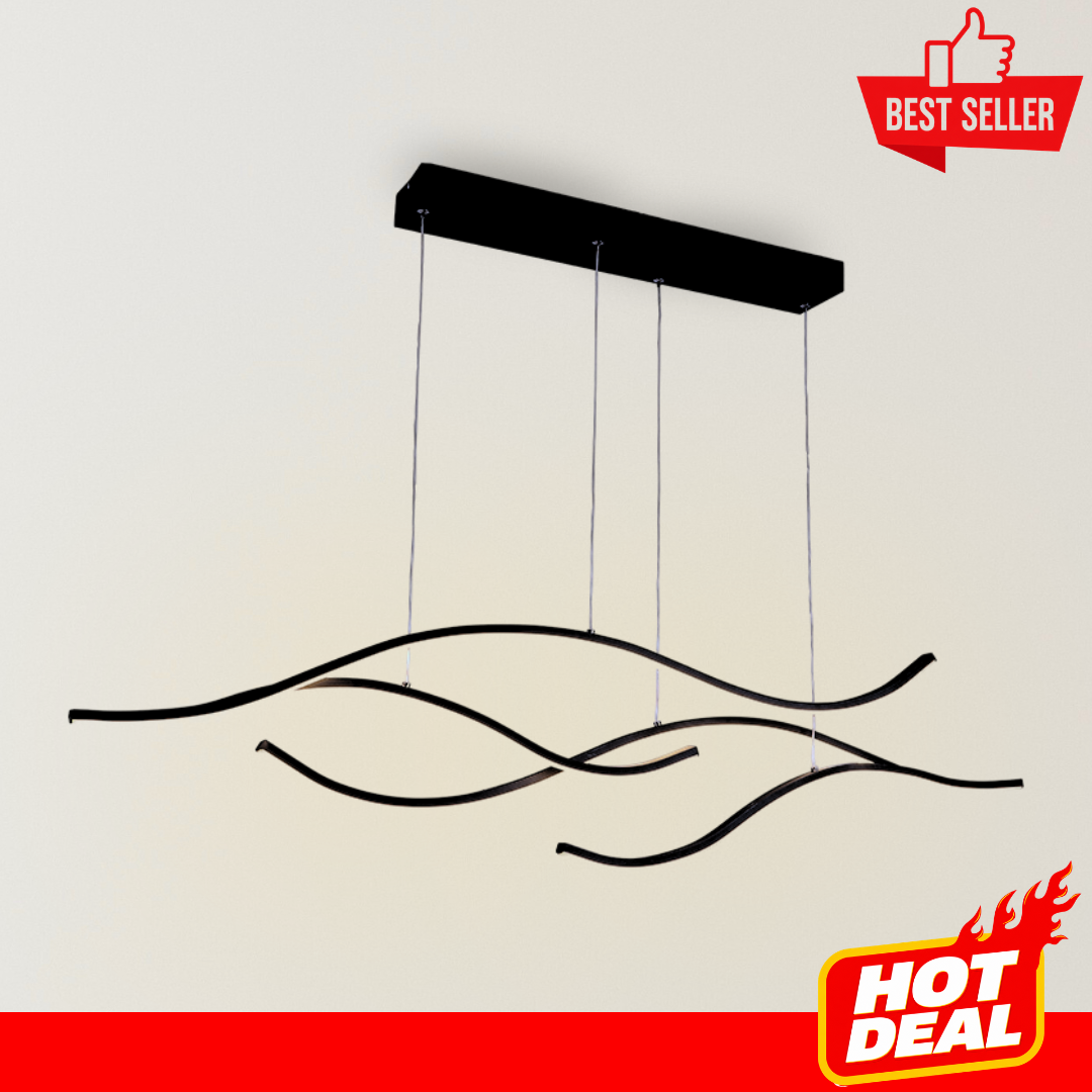 Surfa Curve Chandelier with flowing black wave-shaped LED light strips, slim adjustable suspension wires, and a minimalist modern design against a neutral background.