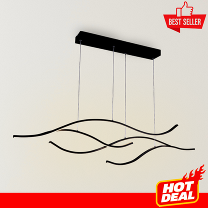 Surfa Curve Chandelier with flowing black wave-shaped LED light strips, slim adjustable suspension wires, and a minimalist modern design against a neutral background.