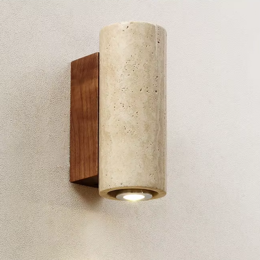 Thimber Japandi wall light in natural wood and metal with soft warm glow