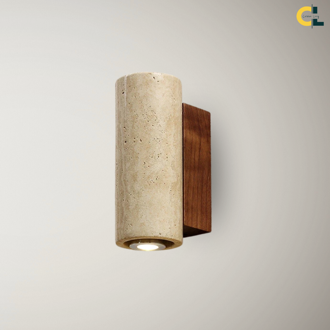 Thimber Japandi wall light in natural wood and metal with soft warm glow