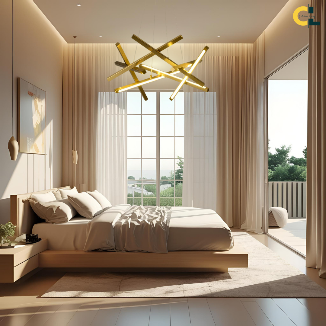 Vector Pendant Light with intersecting gold geometric LED bars, warm ambient glow, and modern Nordic design in a bright bedroom interior.
