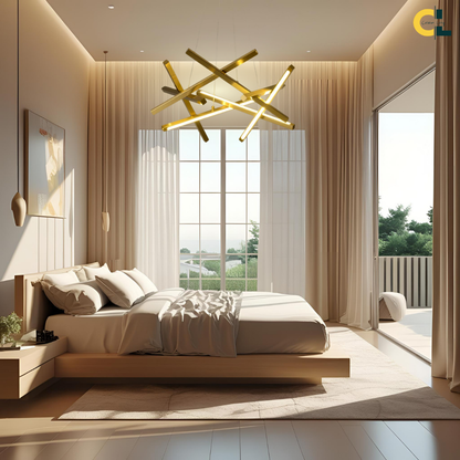 Vector Pendant Light with intersecting gold geometric LED bars, warm ambient glow, and modern Nordic design in a bright bedroom interior.
